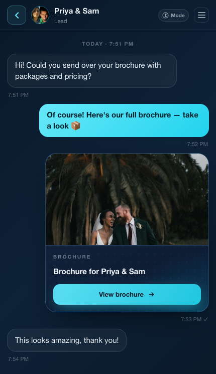 A real tooBooked chat — a lead asks for a brochure, and gets a real, tappable brochure card back with a View brochure button