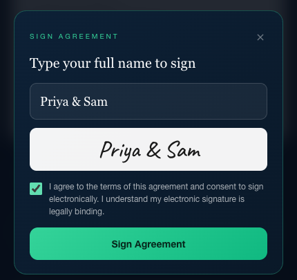 A real tooBooked contract, mid-signature — type your name, a live cursive preview, and Sign Agreement