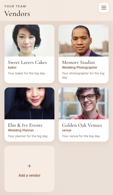 A real tooBooked couple portal, showing 4 connected vendors — photographer, planner, venue, and baker