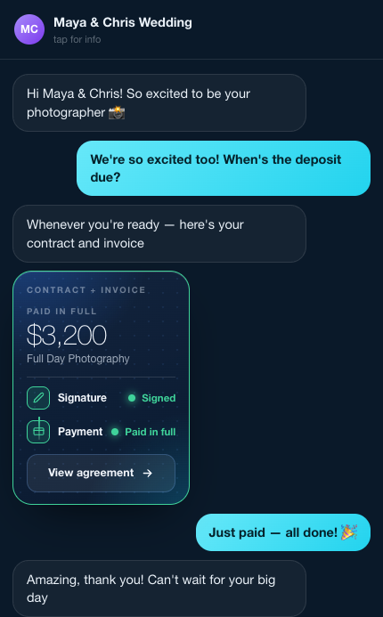 A real tooBooked chat conversation ending in an invoice signed and paid in full