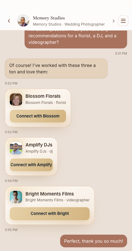 A real tooBooked couple portal chat — a bride asks her photographer for florist, DJ, and videographer recommendations, and the photographer shares 3 real contact cards