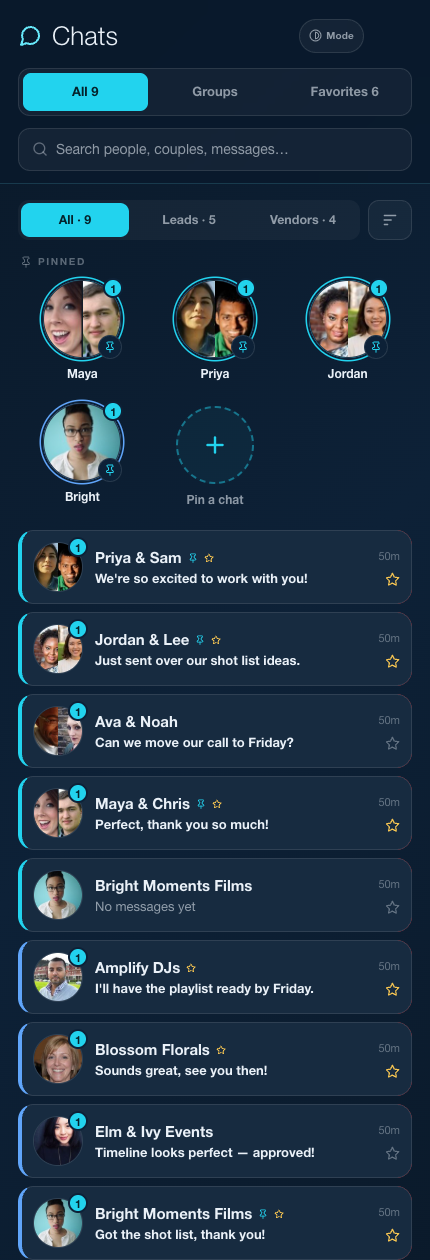 A real tooBooked vendor Chats page, with 6 pinned favorites — couples and vendor friends
